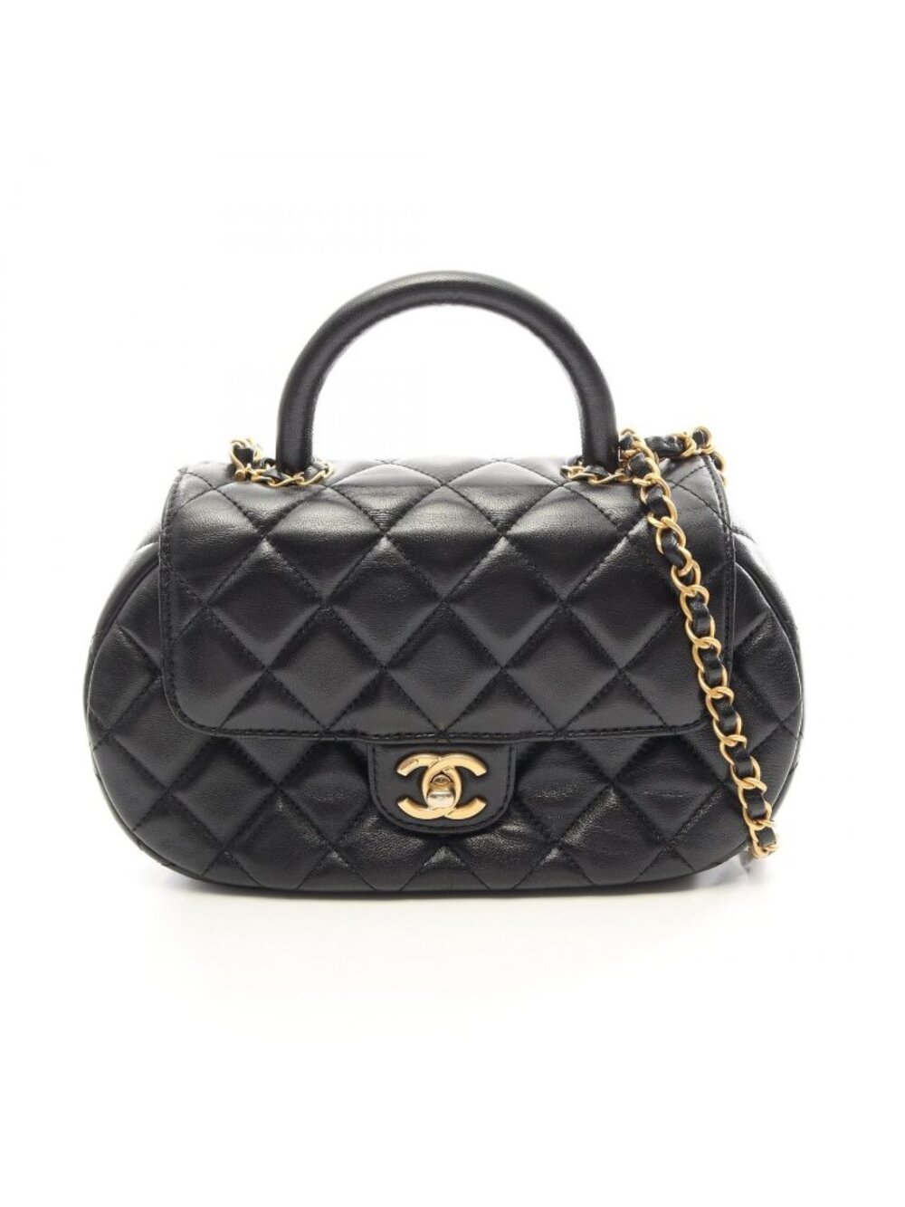 Chanel Shoulder Bag Quilted Top Handle 2-Way Black Lambskin Chain